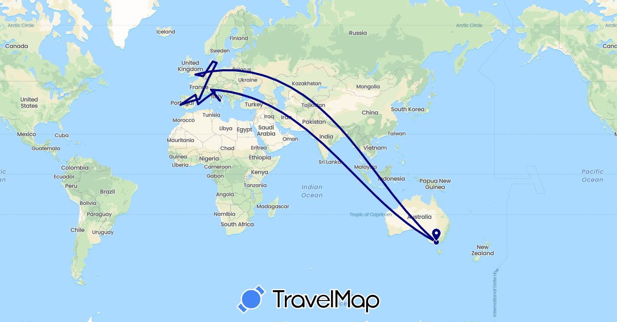 TravelMap itinerary: driving in Australia, Belgium, Denmark, Spain, France, United Kingdom, Italy, Portugal (Europe, Oceania)